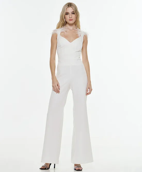 Access Fashion White Jumpsuit With Feathers