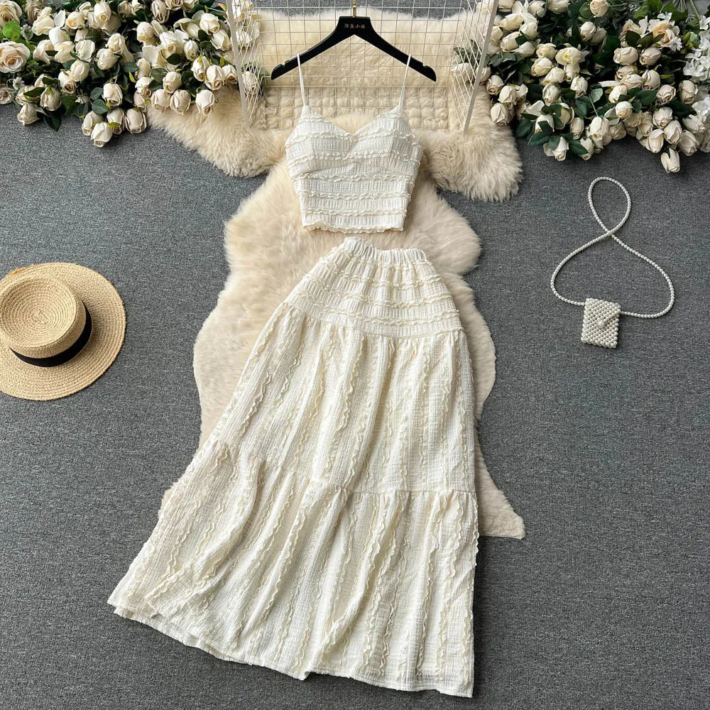 Aiertu Summer Lace Patchwork Beach Two Pieces Sets Women Sexy Camisole A Line Long Skirt Fashion Elastic Bohemian Suits