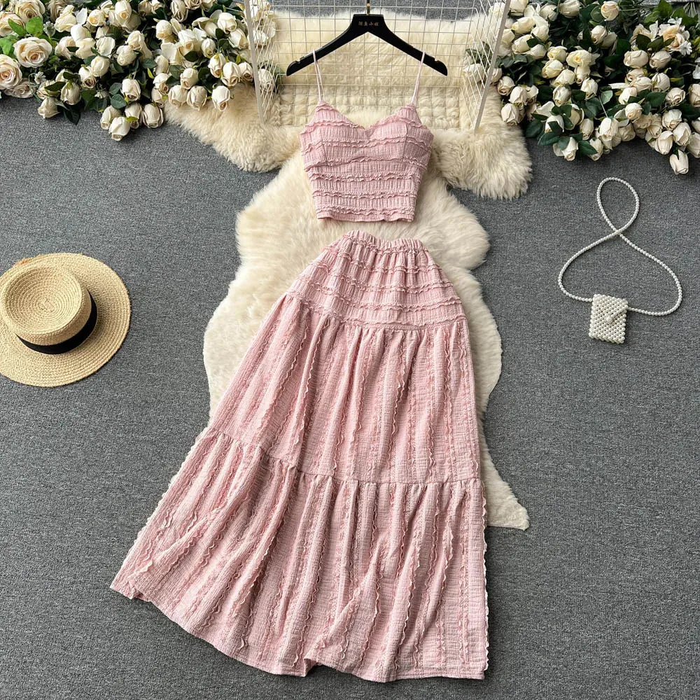 Aiertu Summer Lace Patchwork Beach Two Pieces Sets Women Sexy Camisole A Line Long Skirt Fashion Elastic Bohemian Suits