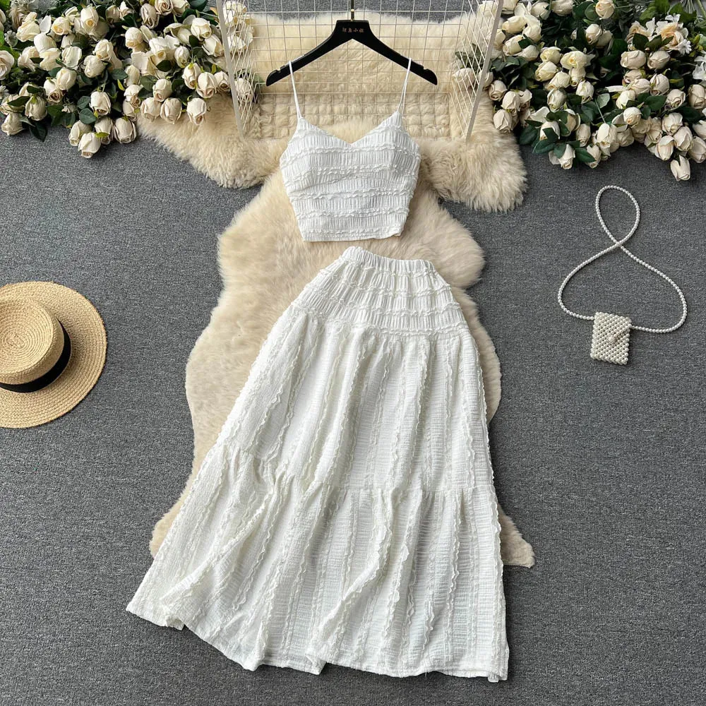 Aiertu Summer Lace Patchwork Beach Two Pieces Sets Women Sexy Camisole A Line Long Skirt Fashion Elastic Bohemian Suits