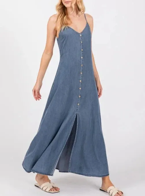 Alessandra Button Front Smocked Back Dress in Denim Blue