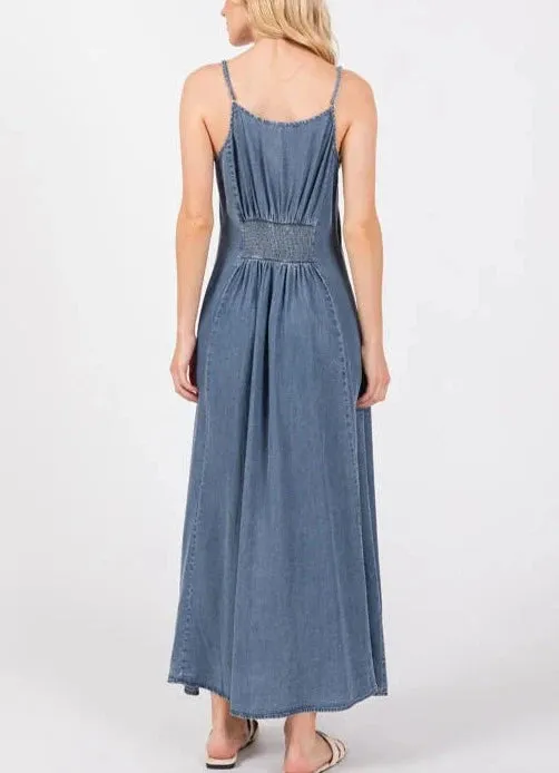 Alessandra Button Front Smocked Back Dress in Denim Blue