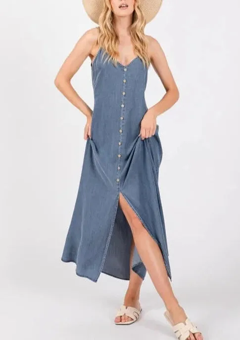 Alessandra Button Front Smocked Back Dress in Denim Blue