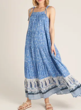 All for Paisley Tie Shoulder Maxi Dress in Blue