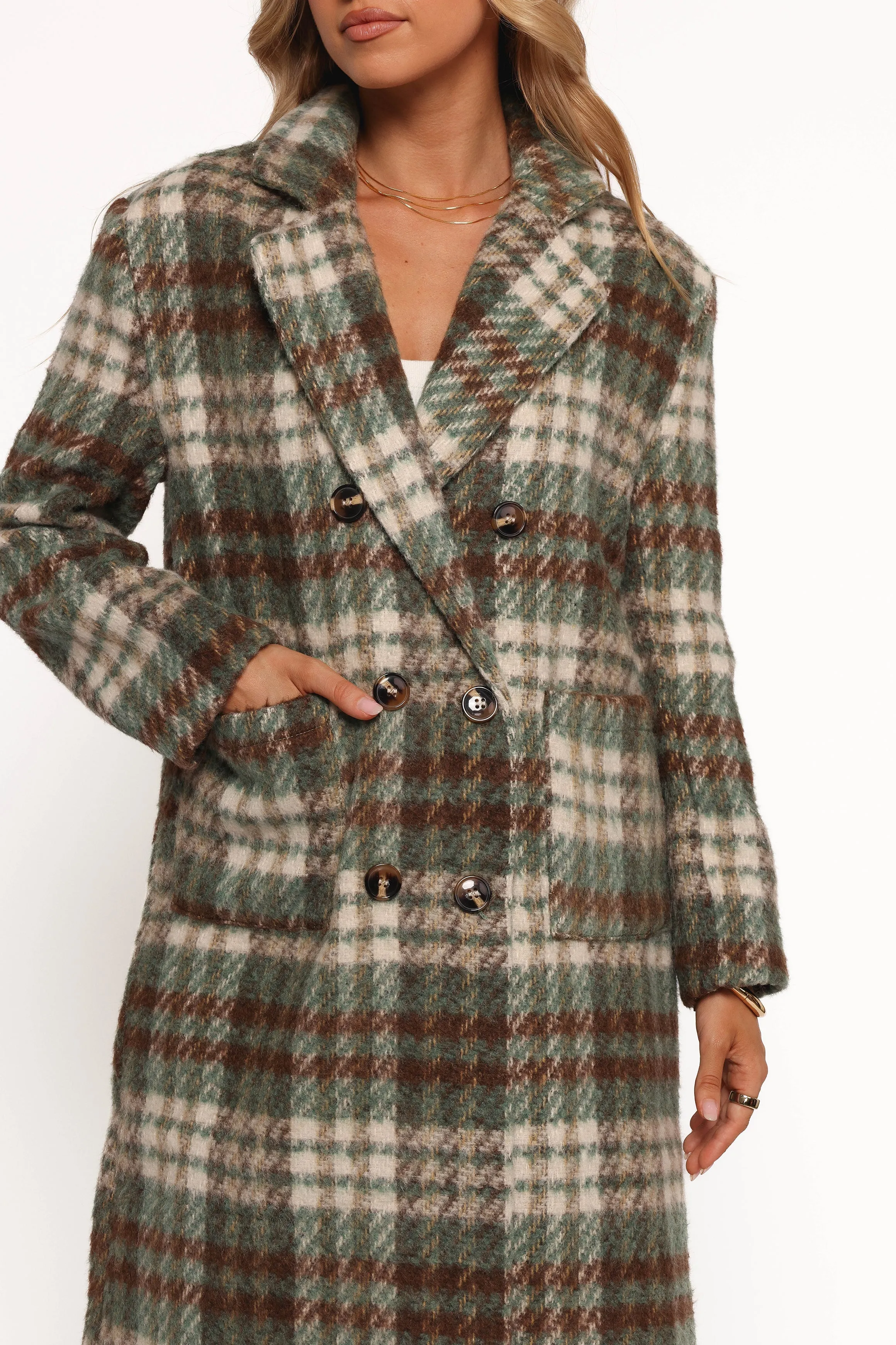 Anika Plaid Long Coat - Green/Brown