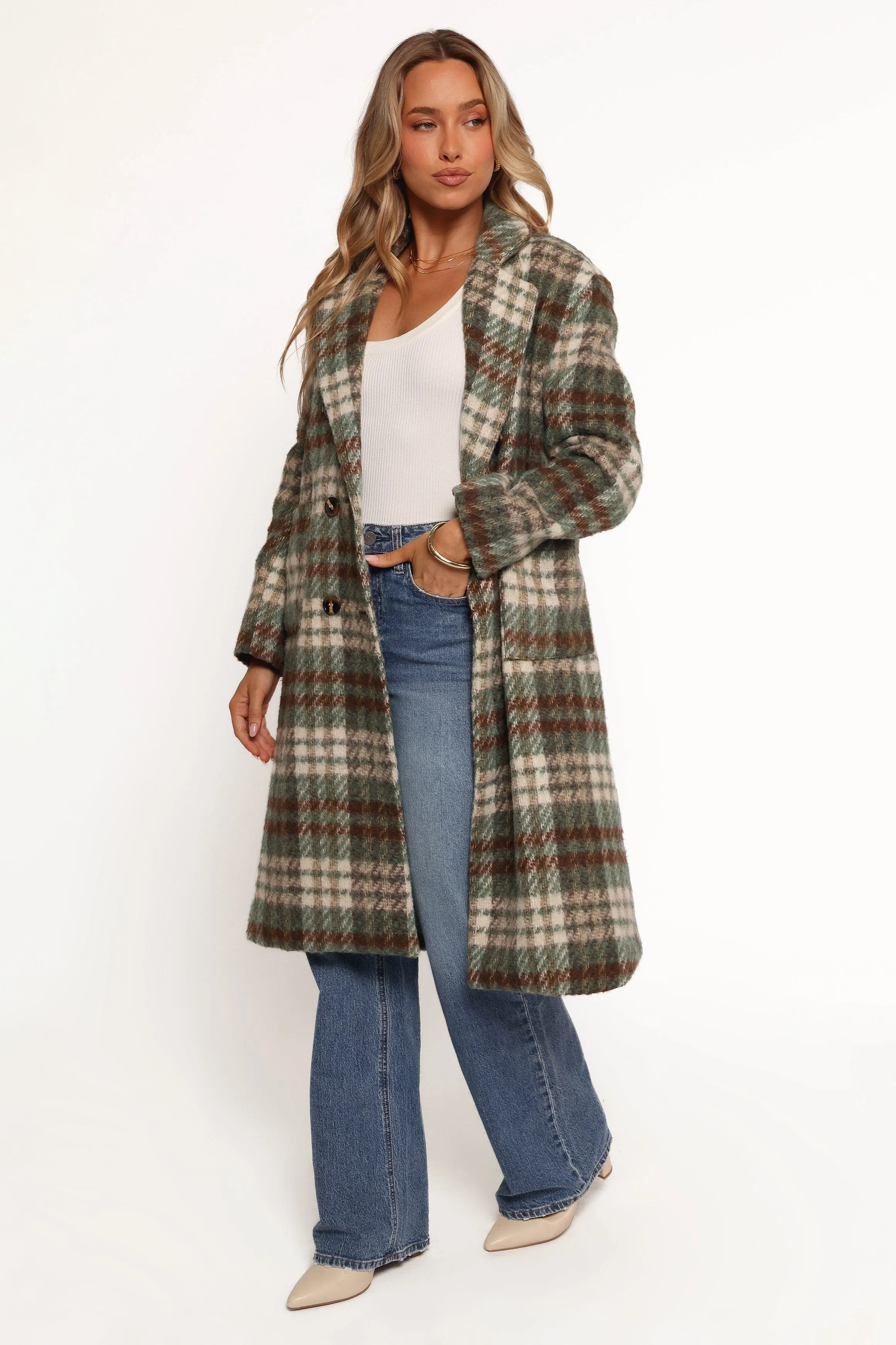 Anika Plaid Long Coat - Green/Brown