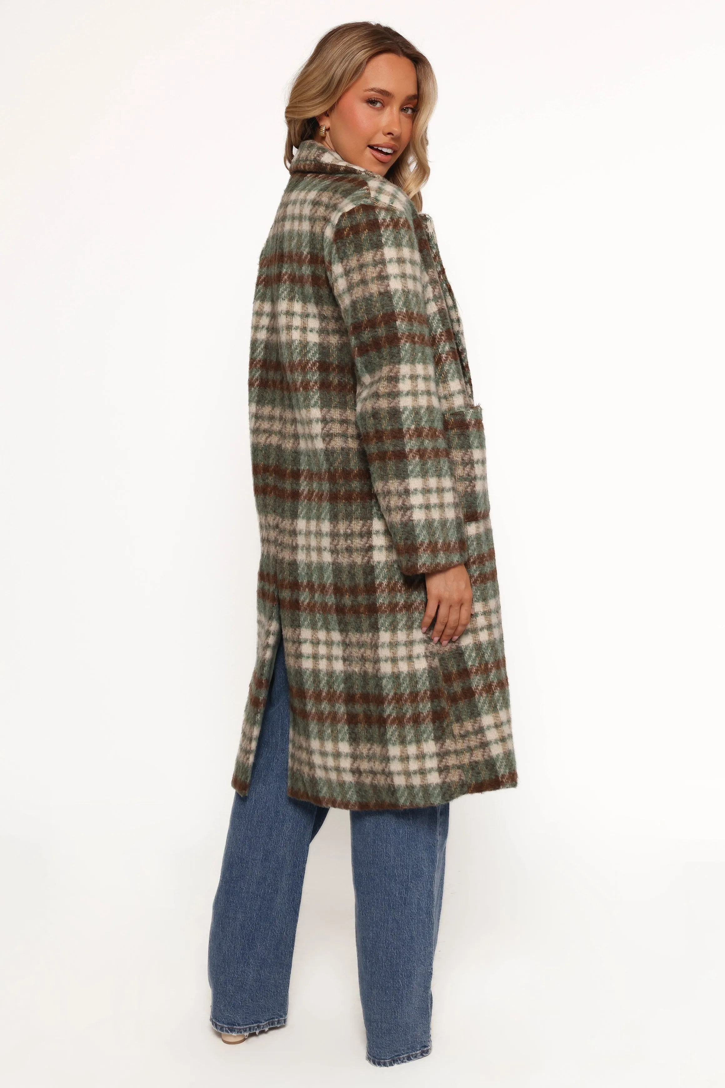 Anika Plaid Long Coat - Green/Brown