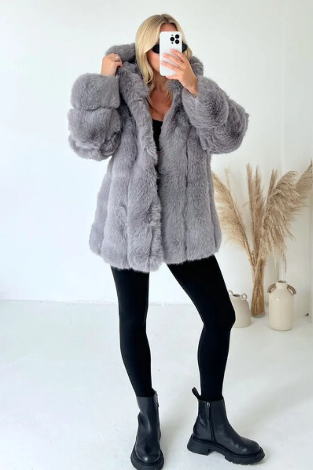 Anoushka grey Faux Fur Hooded Coat