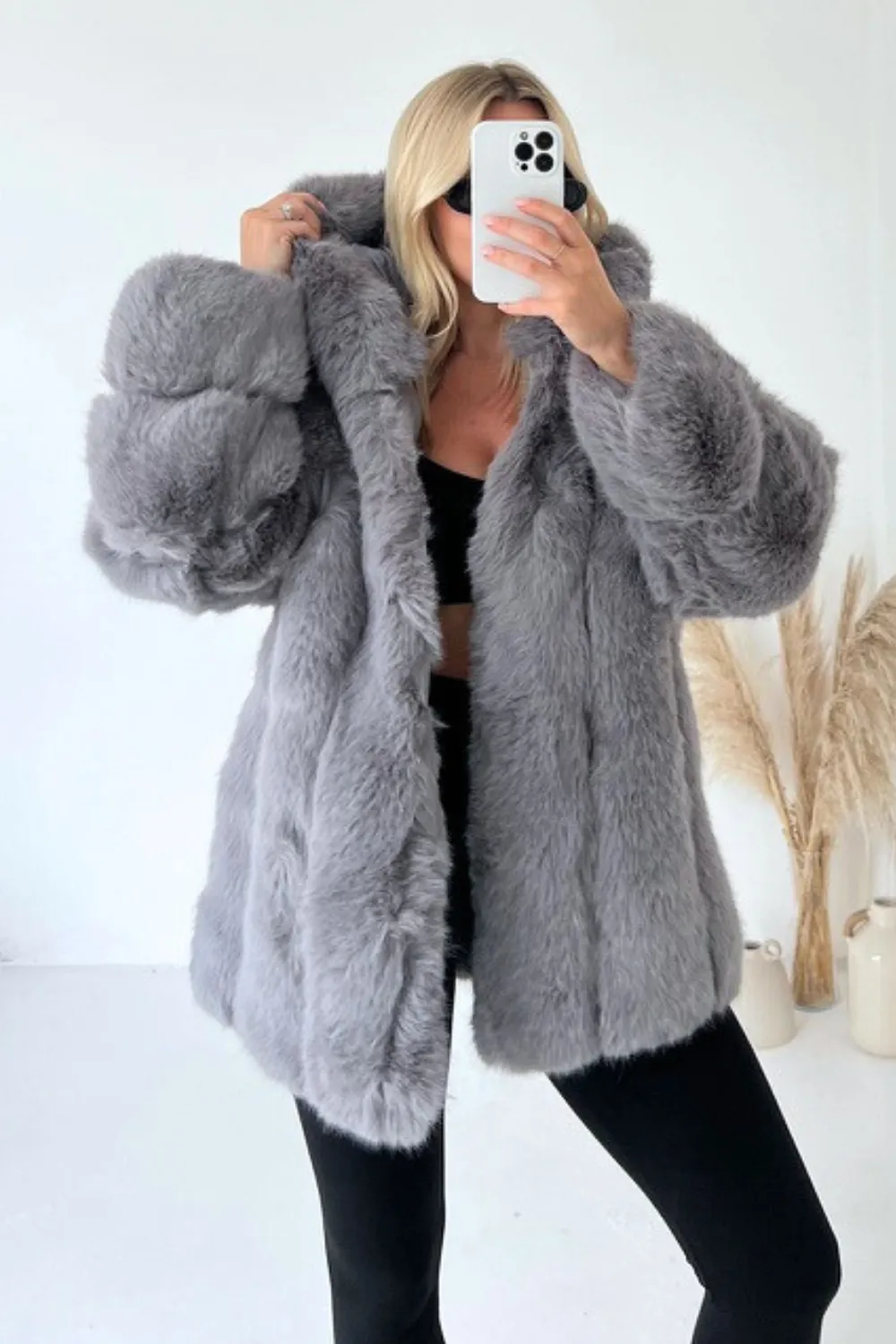 Anoushka grey Faux Fur Hooded Coat