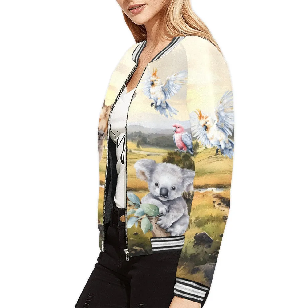 Australian Animals, Koala Cockatoo Kangaroo Galah Bomber Jacket for Women