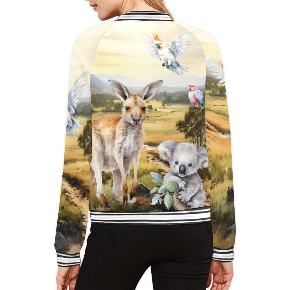 Australian Animals, Koala Cockatoo Kangaroo Galah Bomber Jacket for Women