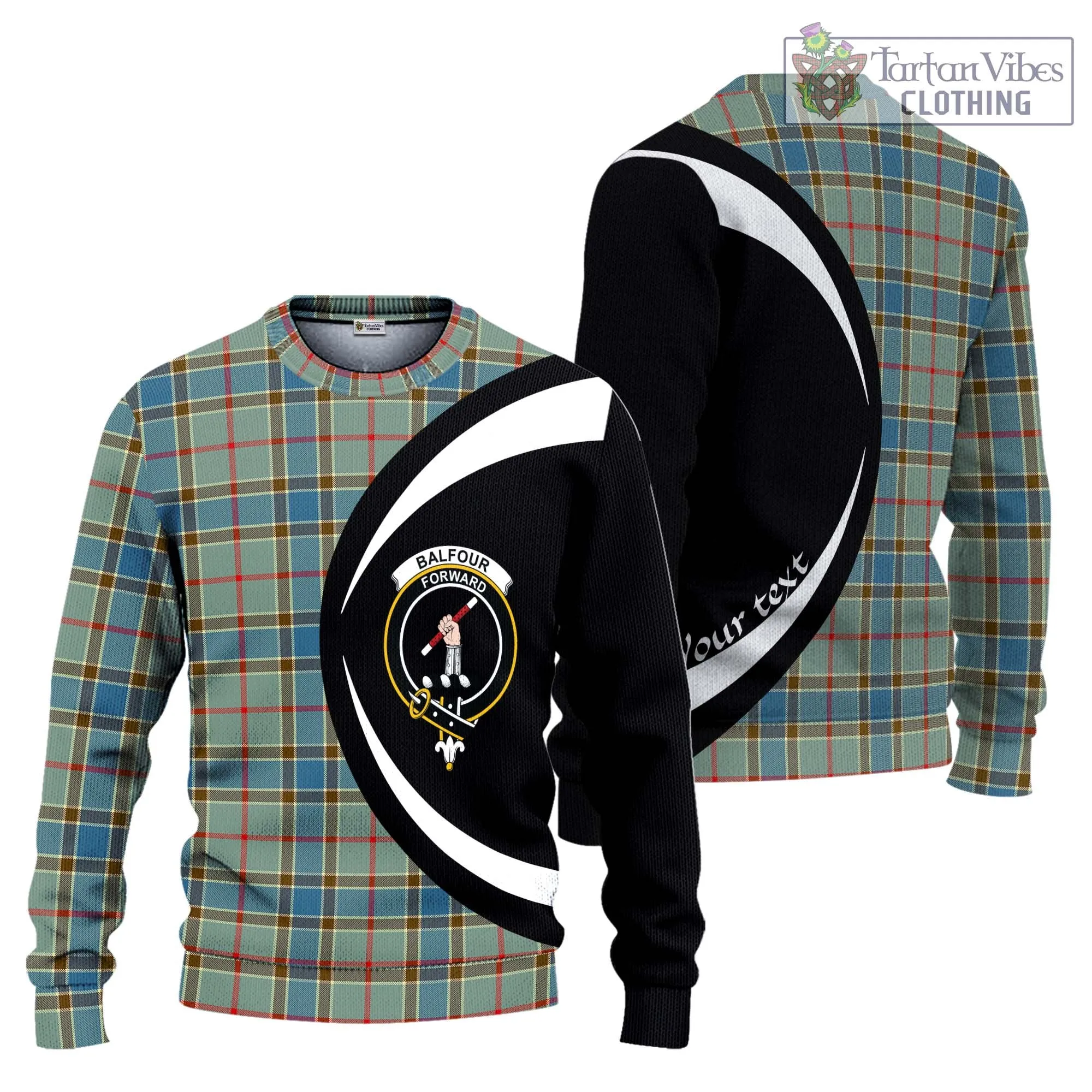 Balfour Blue Tartan Ugly Sweater with Family Crest Circle Style