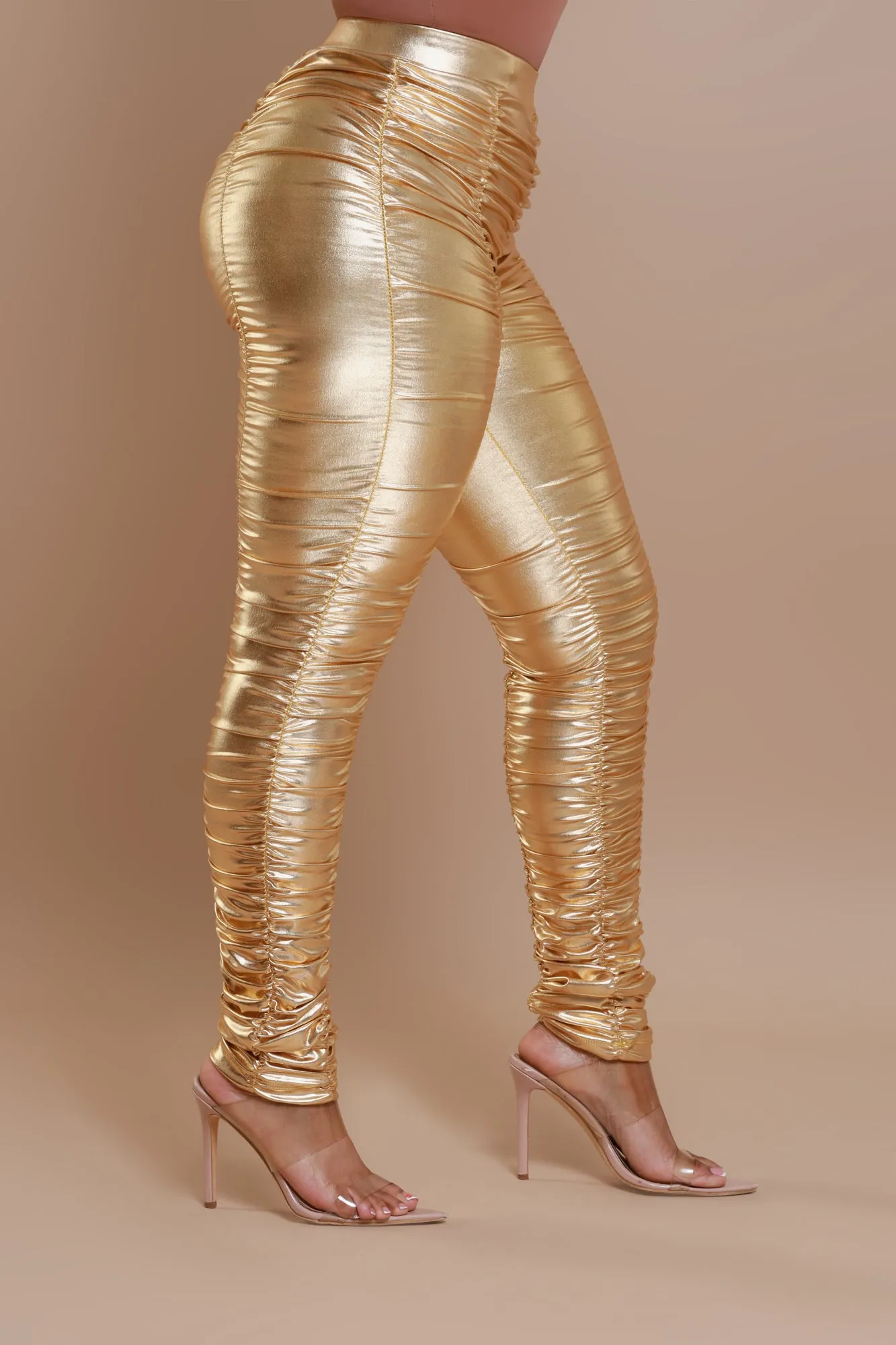 Be Honest Ruched High Waist Pants - Gold Metallic Leggings