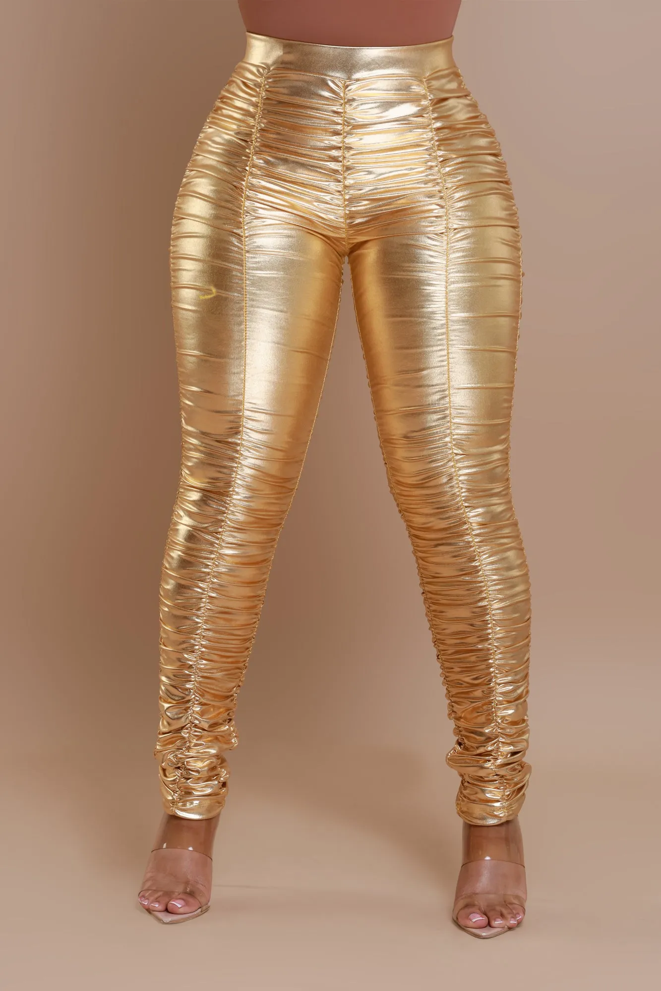 Be Honest Ruched High Waist Pants - Gold Metallic Leggings