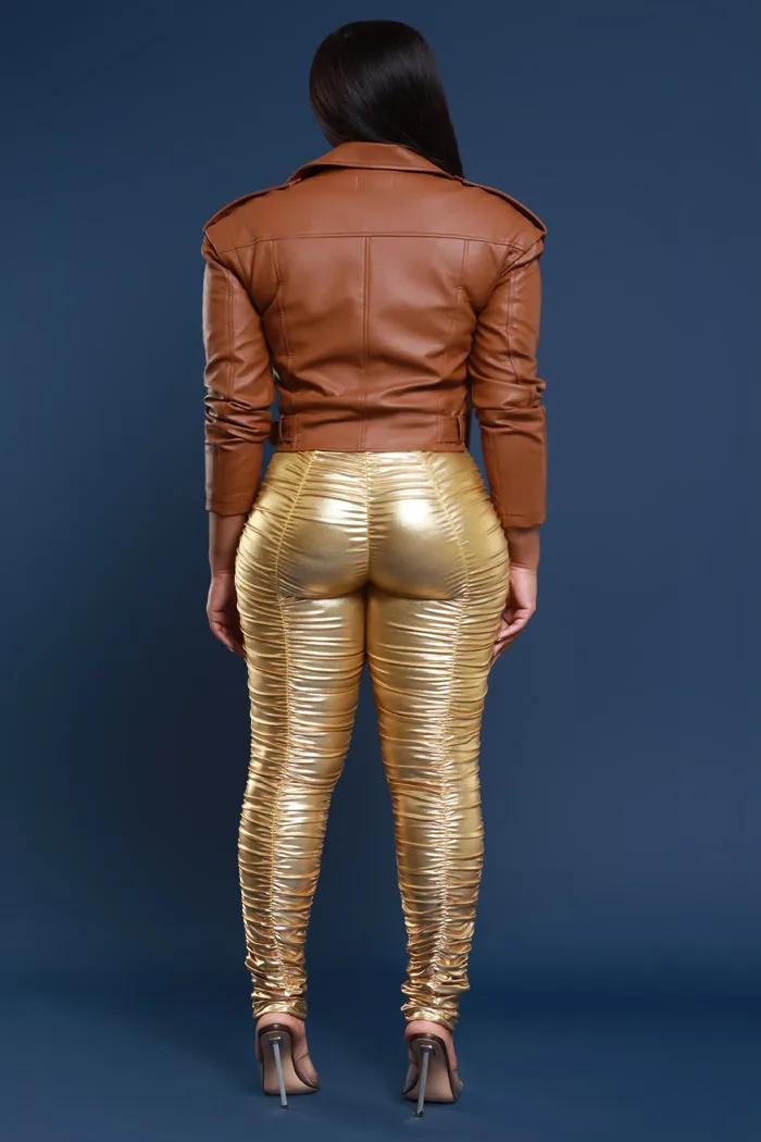 Be Honest Ruched High Waist Pants - Gold Metallic Leggings