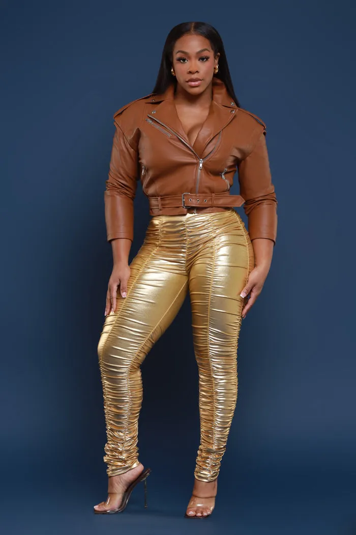 Be Honest Ruched High Waist Pants - Gold Metallic Leggings