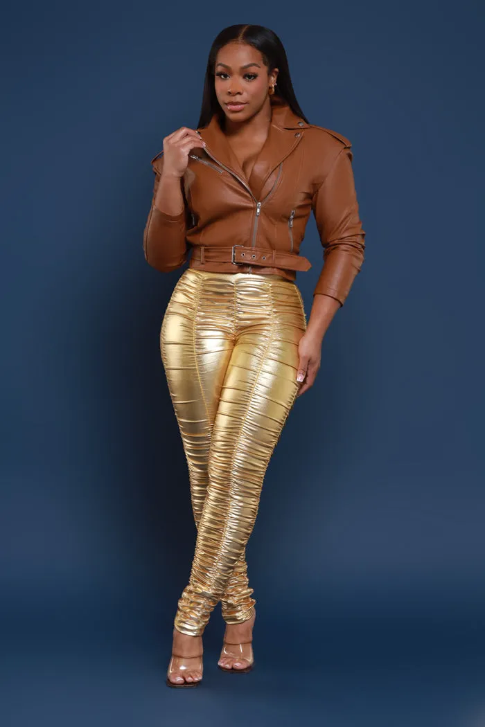 Be Honest Ruched High Waist Pants - Gold Metallic Leggings