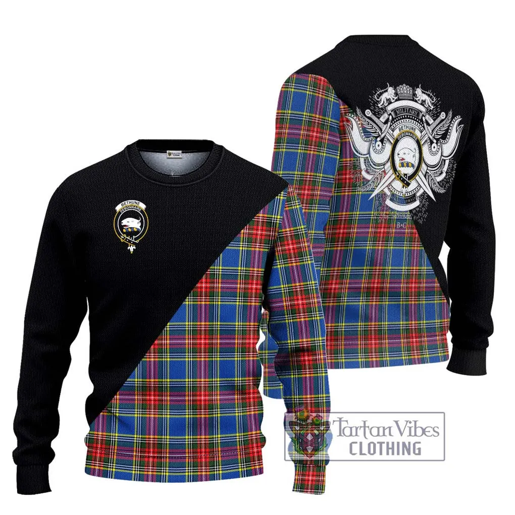 Bethune Tartan Ugly Sweater with Family Crest and Military Logo Style