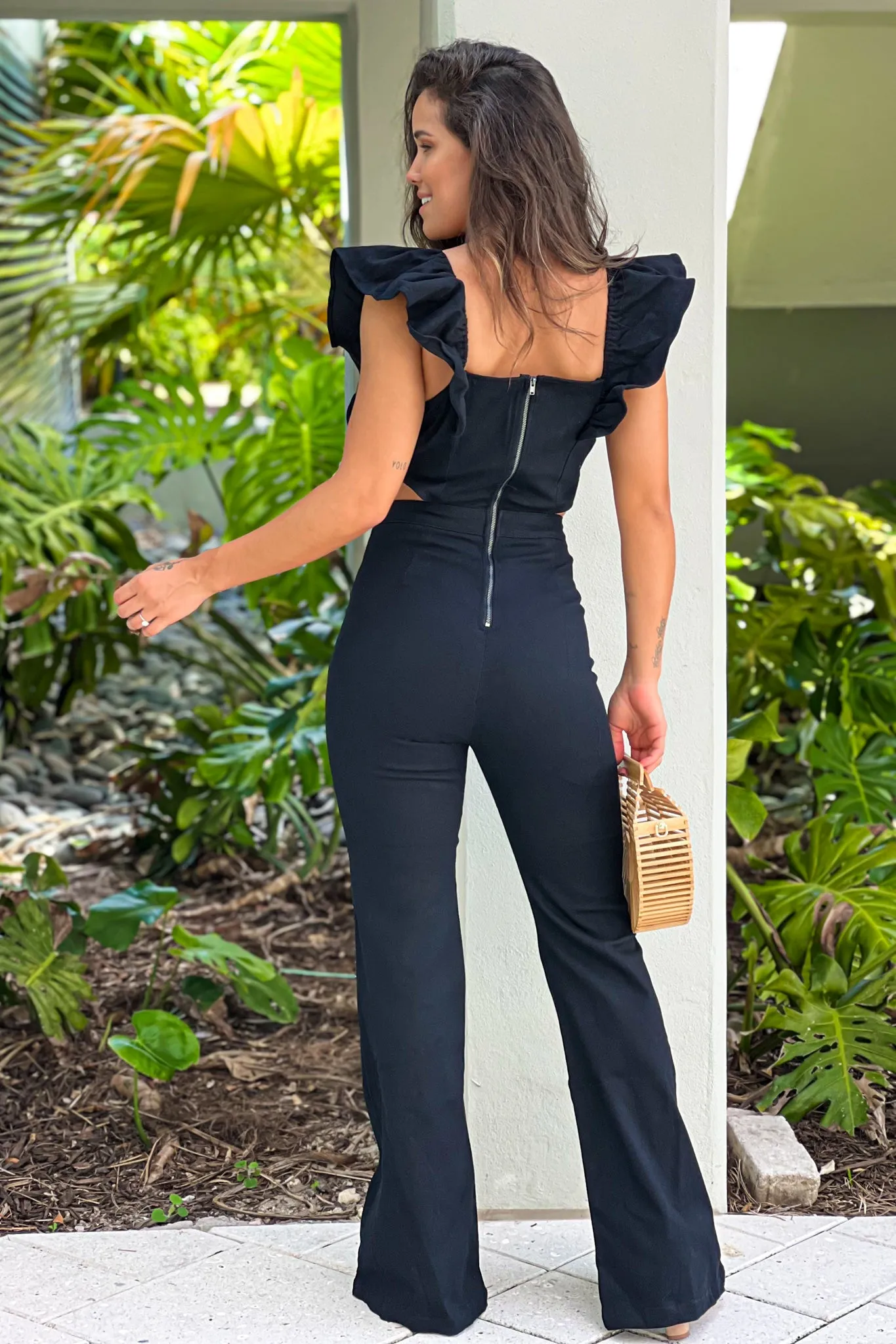 Black Denim Flared Jumpsuit With Ruffled Sleeves