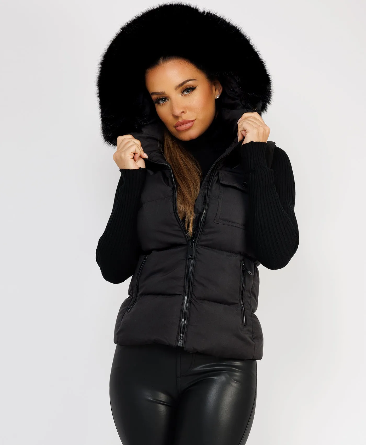 Black Fluffy Faux Fur Trim Hood Puffer Gilet Vest