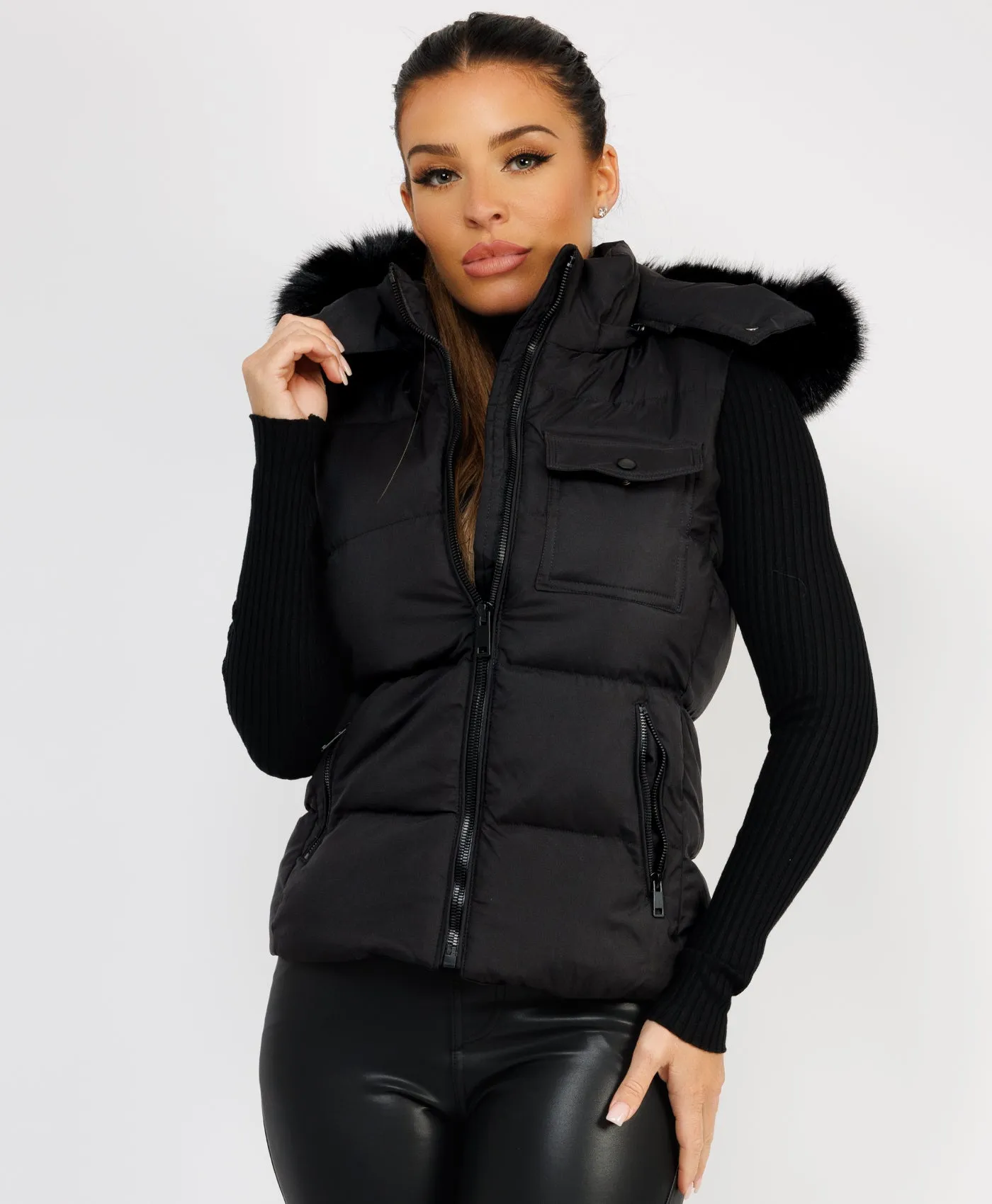 Black Fluffy Faux Fur Trim Hood Puffer Gilet Vest