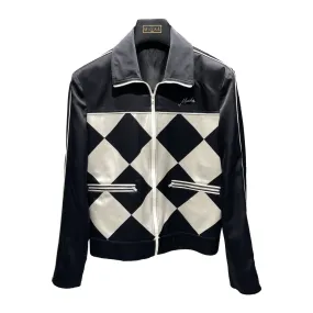 Black With Checkered Ivory White 100% Italian Silk Accent Blouson Jacket