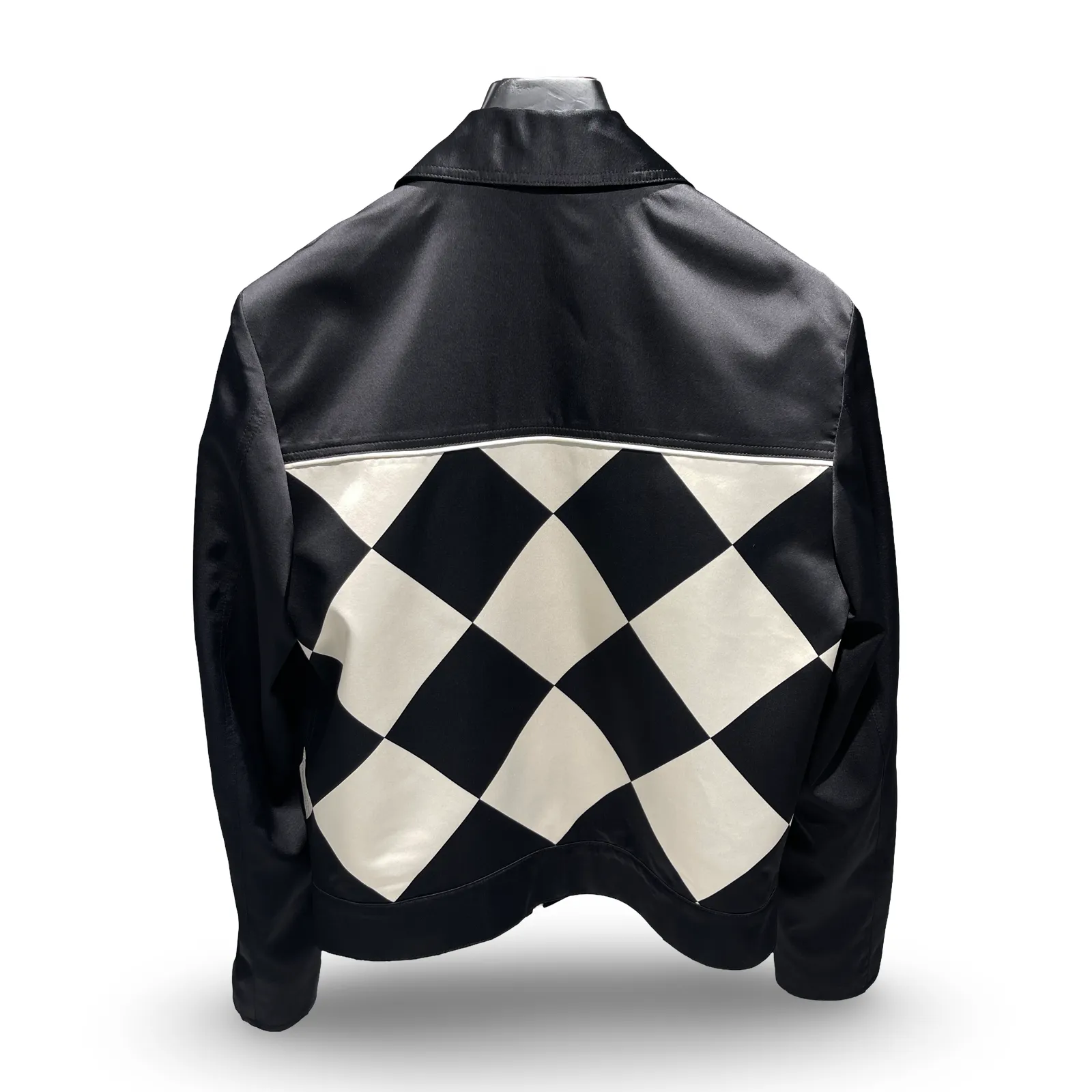 Black With Checkered Ivory White 100% Italian Silk Accent Blouson Jacket