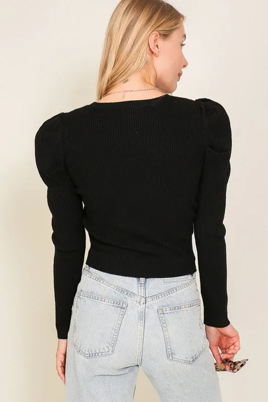 Bohemian Ribbed Puff Long Sleeve Knit Top