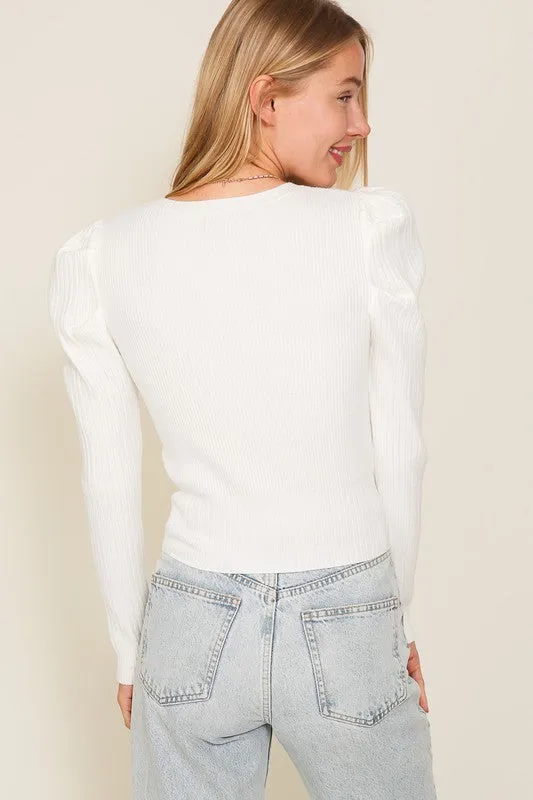 Bohemian Ribbed Puff Long Sleeve Knit Top