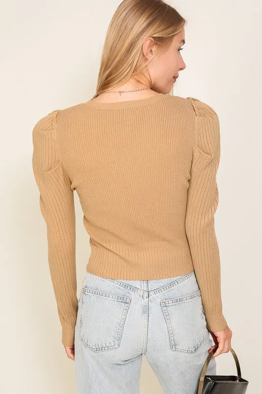 Bohemian Ribbed Puff Long Sleeve Knit Top