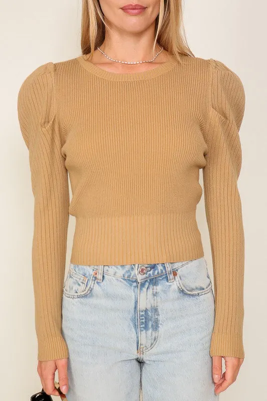 Bohemian Ribbed Puff Long Sleeve Knit Top