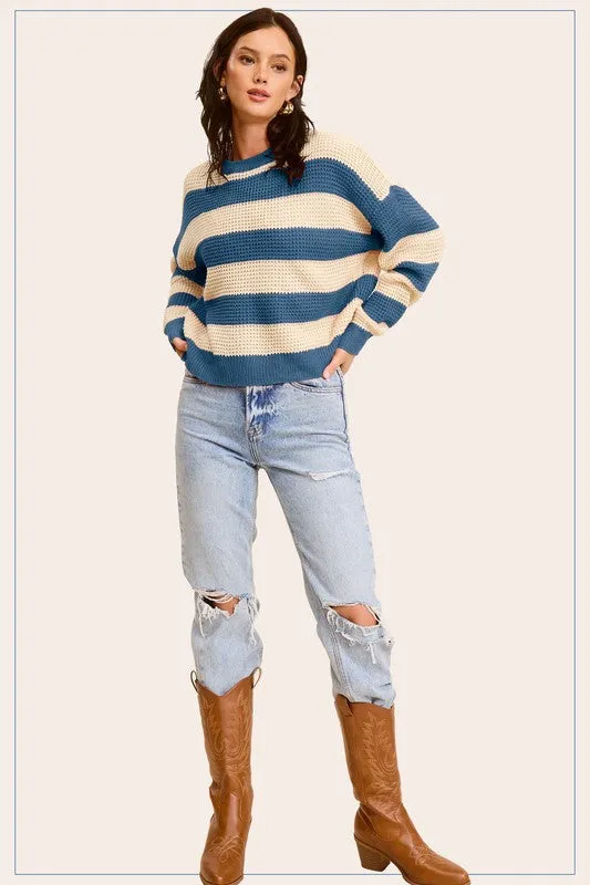 Bohemian Striped Round Neck Loose Fit Sweater