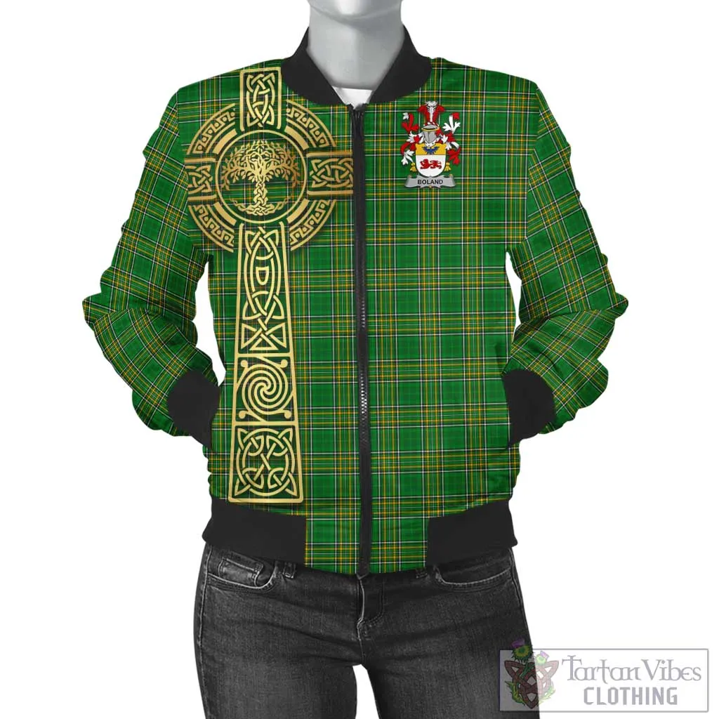 Boland Irish Clan Tartan Bomber Jacket with Coat of Arms Celtic Tree of Life Style