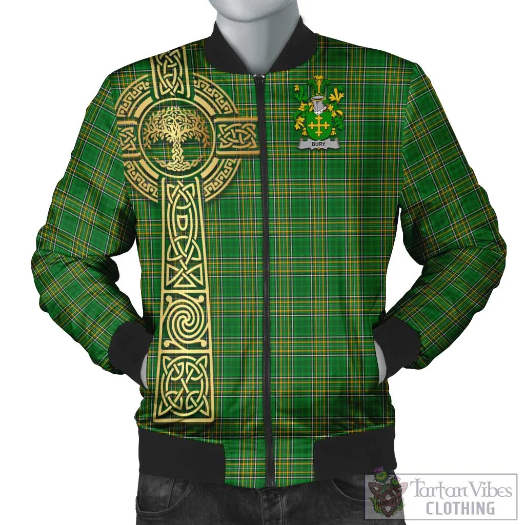 Bury Irish Clan Tartan Bomber Jacket with Coat of Arms Celtic Tree of Life Style