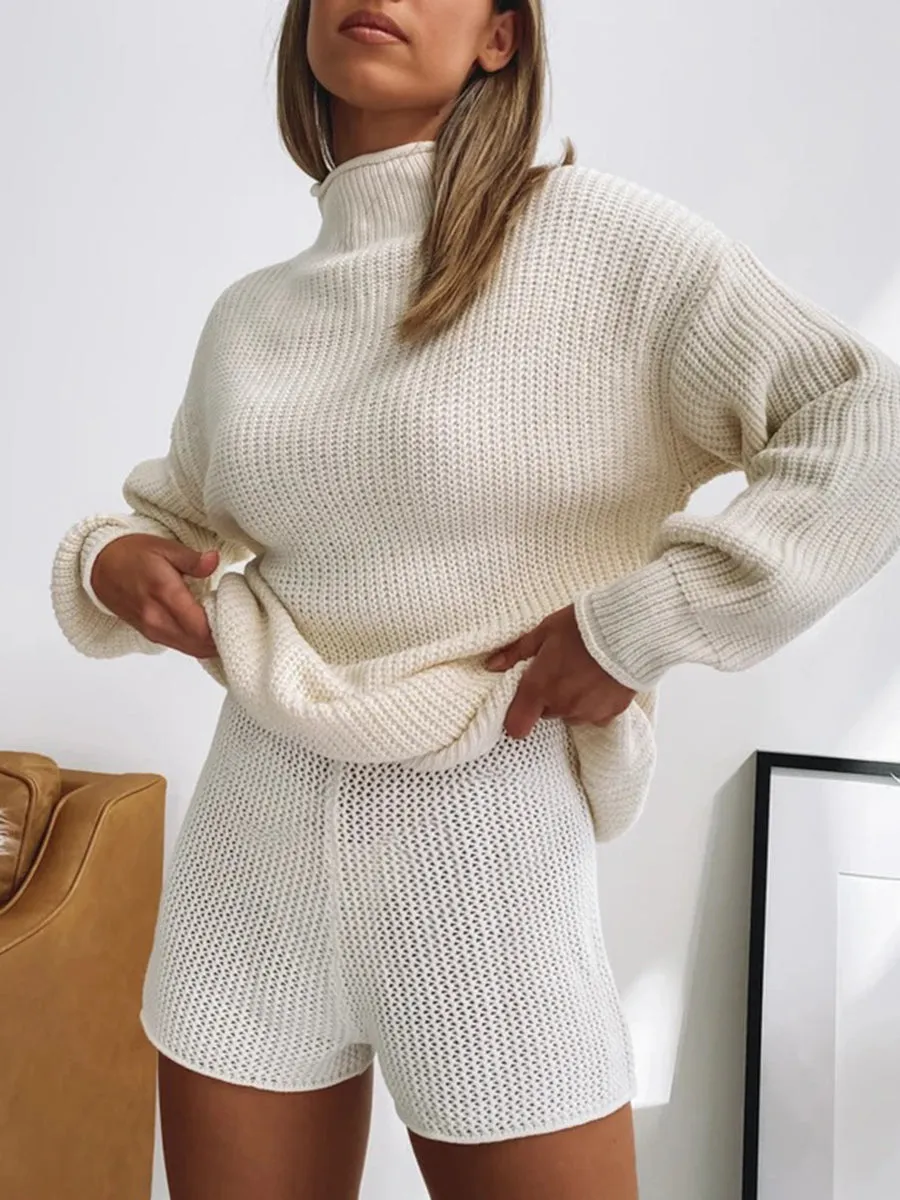 Casual Loose Loungewear Turtleneck Top Shorts Knitted Suit