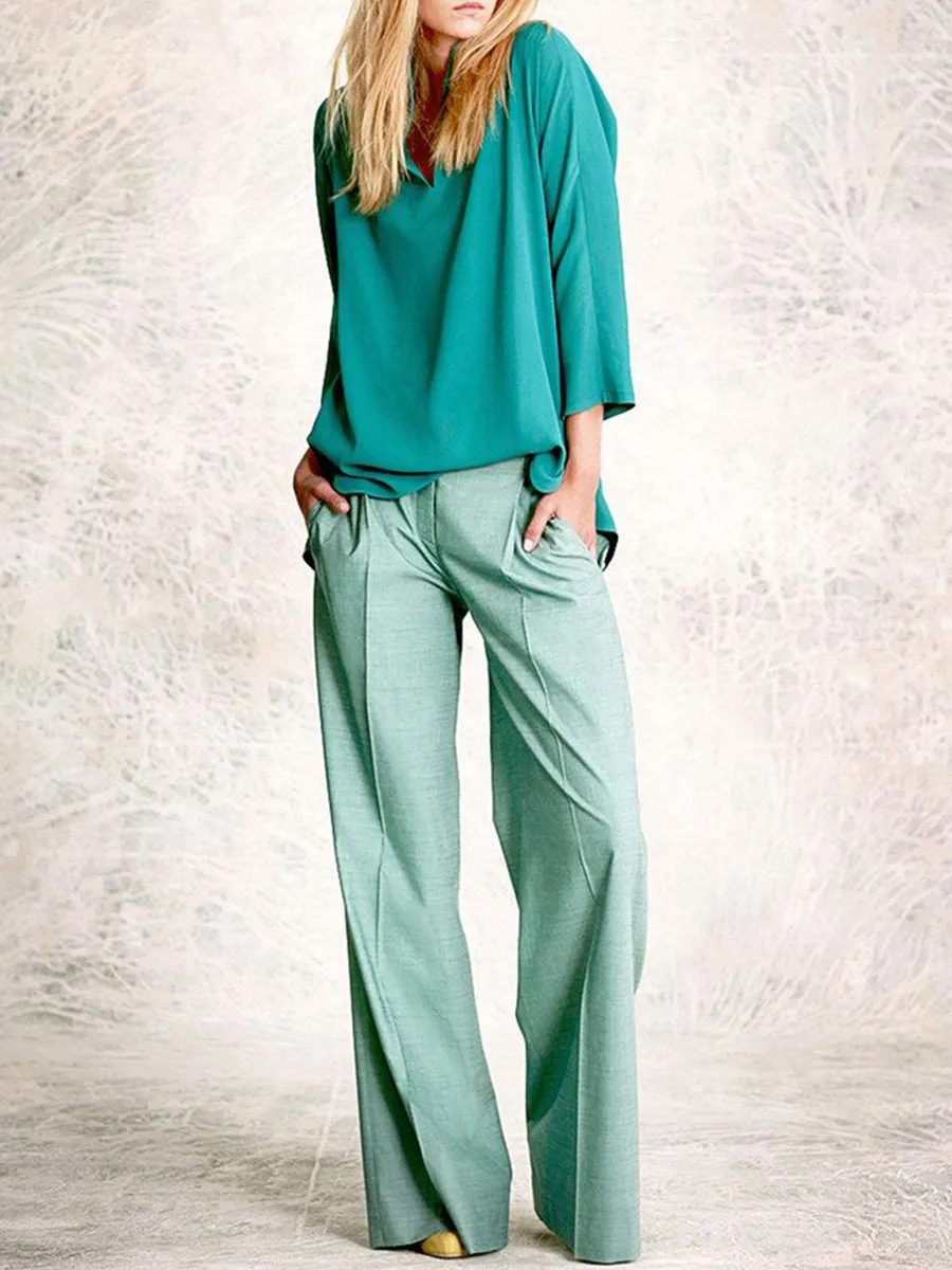 Casual Loose Turtleneck Solid Color Middle Sleeve Top Trousers Two Piece Set