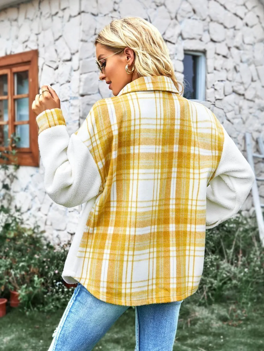 Chic Plaid Sherpa Jacket: Button Front for Trendy Contrast