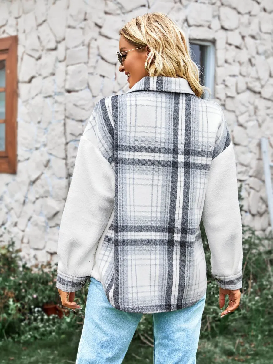 Chic Plaid Sherpa Jacket: Button Front for Trendy Contrast