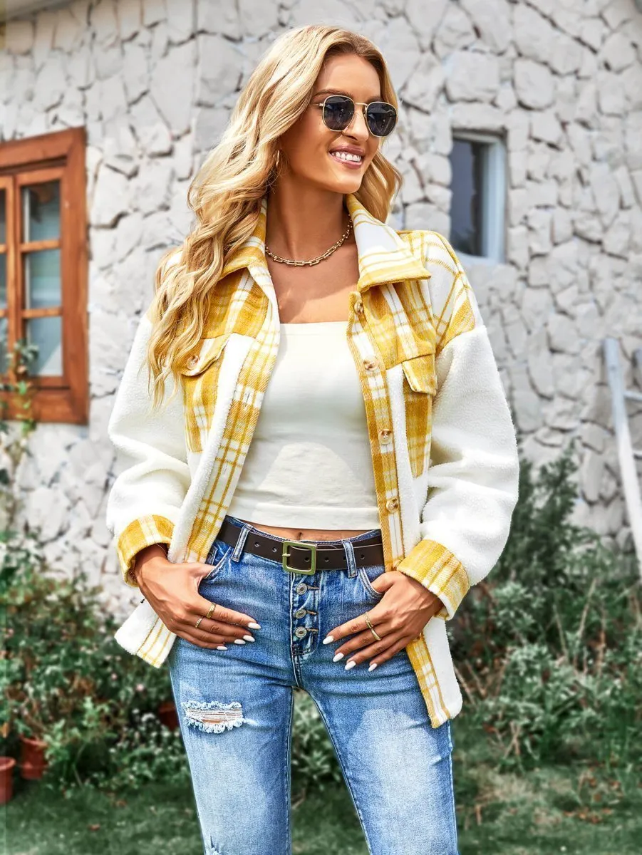 Chic Plaid Sherpa Jacket: Button Front for Trendy Contrast