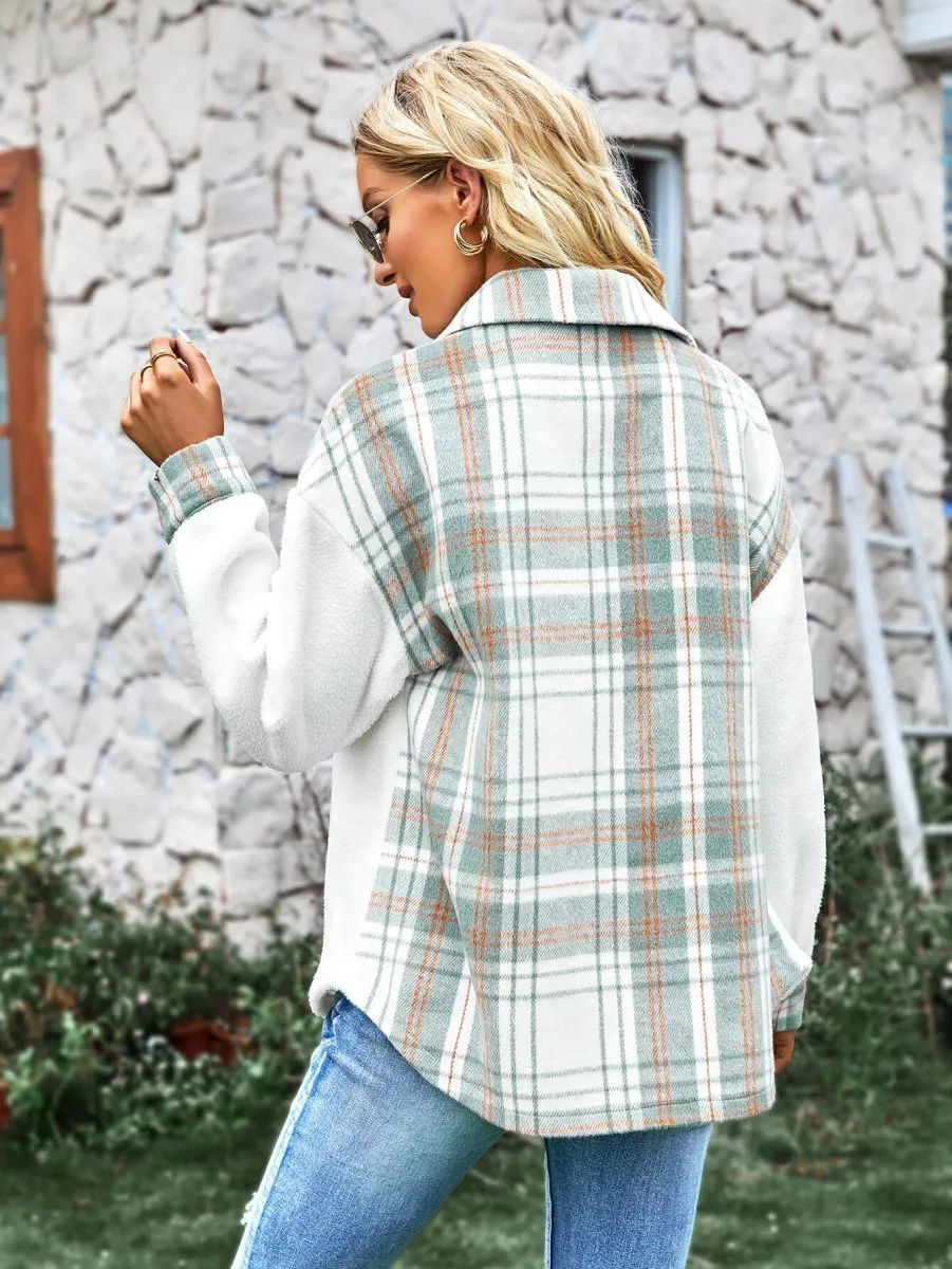 Chic Plaid Sherpa Jacket: Button Front for Trendy Contrast