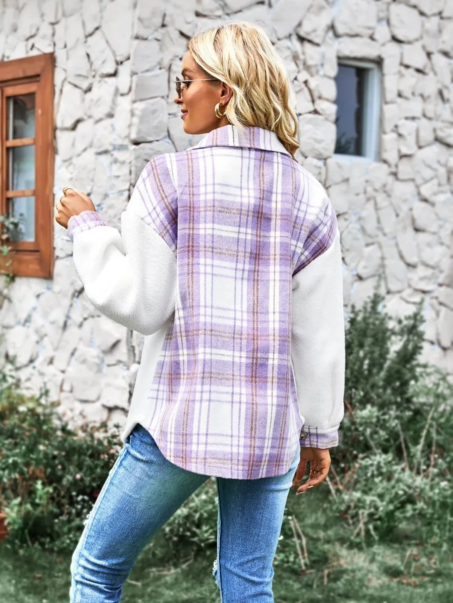 Chic Plaid Sherpa Jacket: Button Front for Trendy Contrast