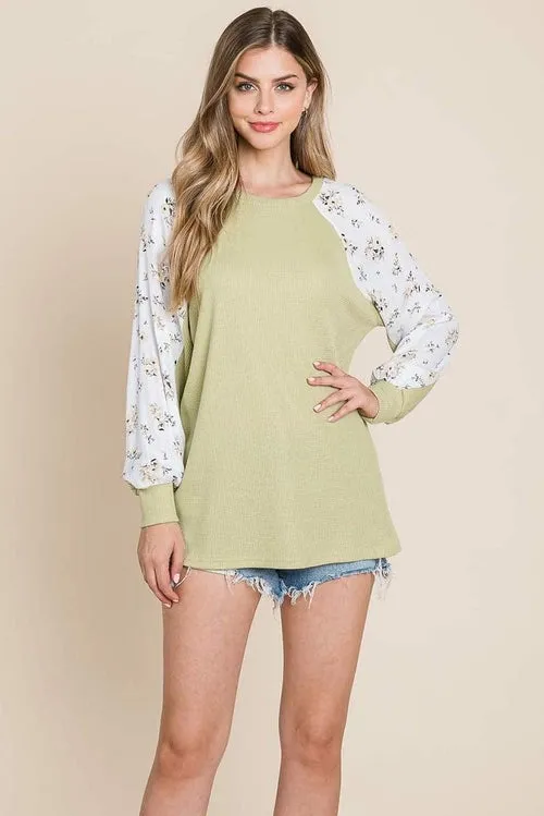 Color Block Raglan Floral Printed Sweater Tops