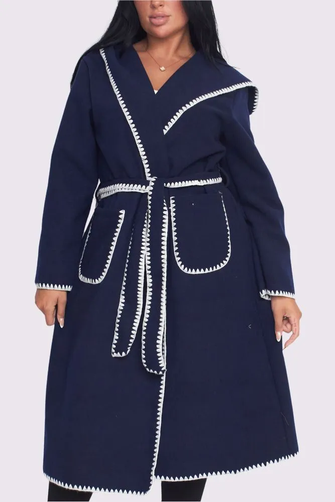 Contrast Edge Belted Wrap Trench Coat