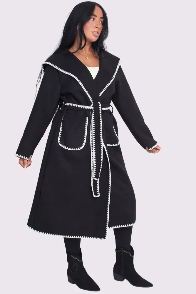 Contrast Edge Belted Wrap Trench Coat