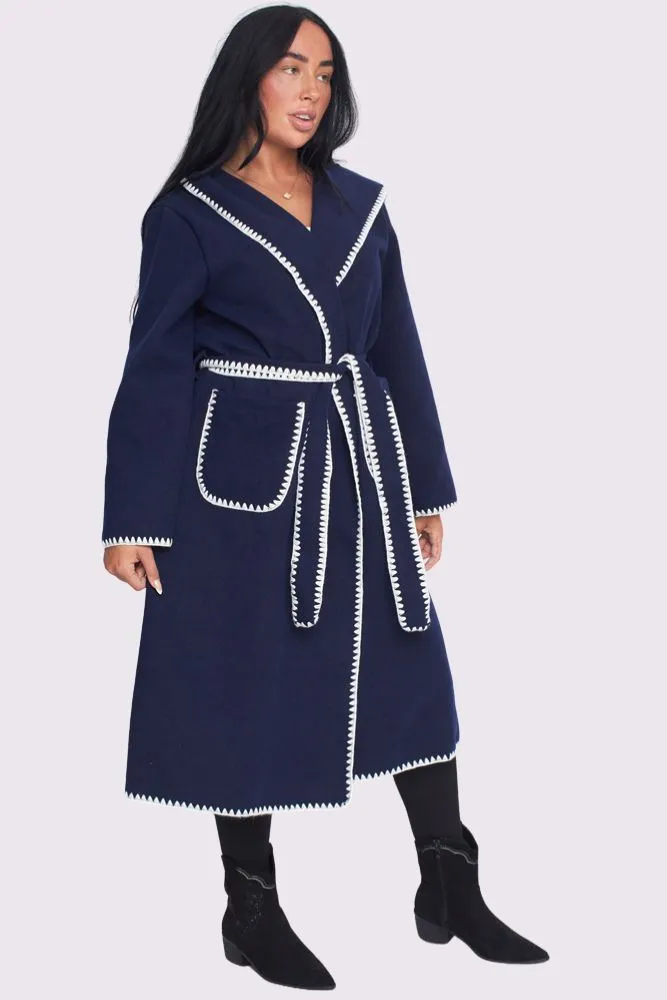 Contrast Edge Belted Wrap Trench Coat