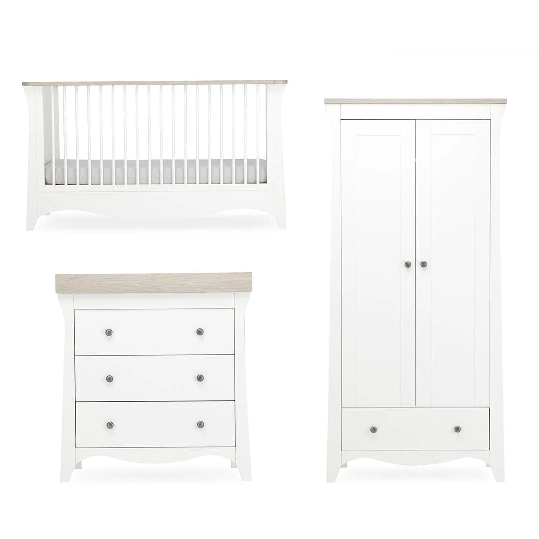 CuddleCo Clara 3 Piece Set 3-Drawer Dresser Cot Bed   Wardrobe - White/Ash