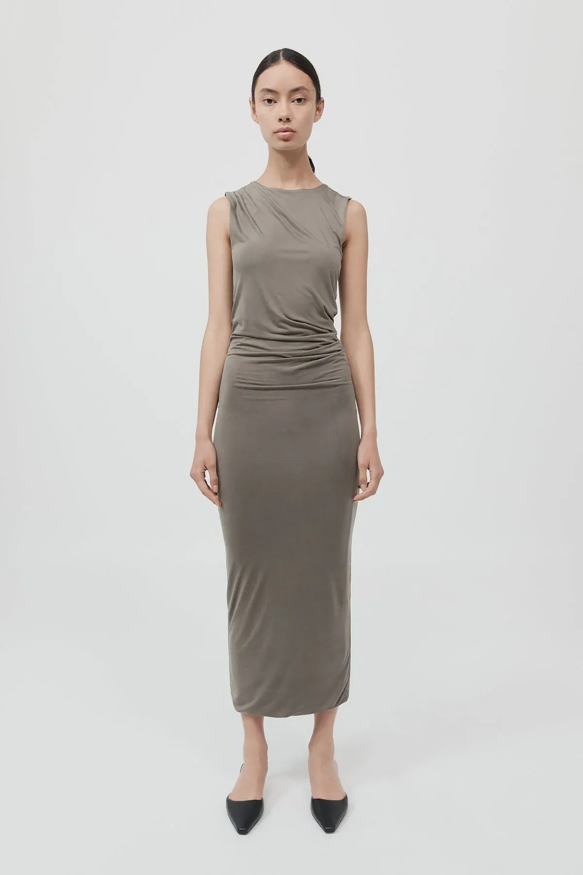 CUPRO JERSEY DRAPE DRESS SMOKEY OLIVE