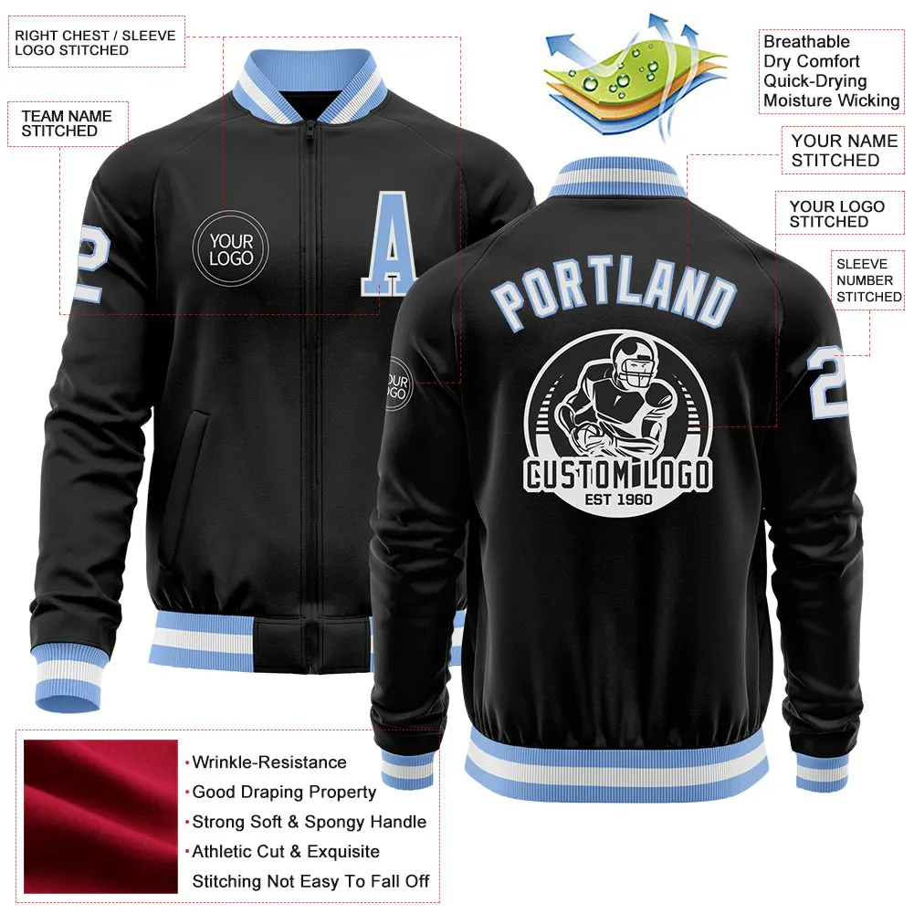 Custom Black Light Blue-White Bomber Varsity Letterman Zipper Jacket