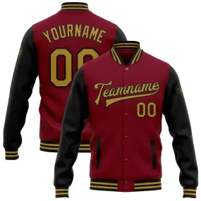 Custom Crimson Old Gold-Black Bomber Full-Snap Varsity Letterman Two Tone Jacket