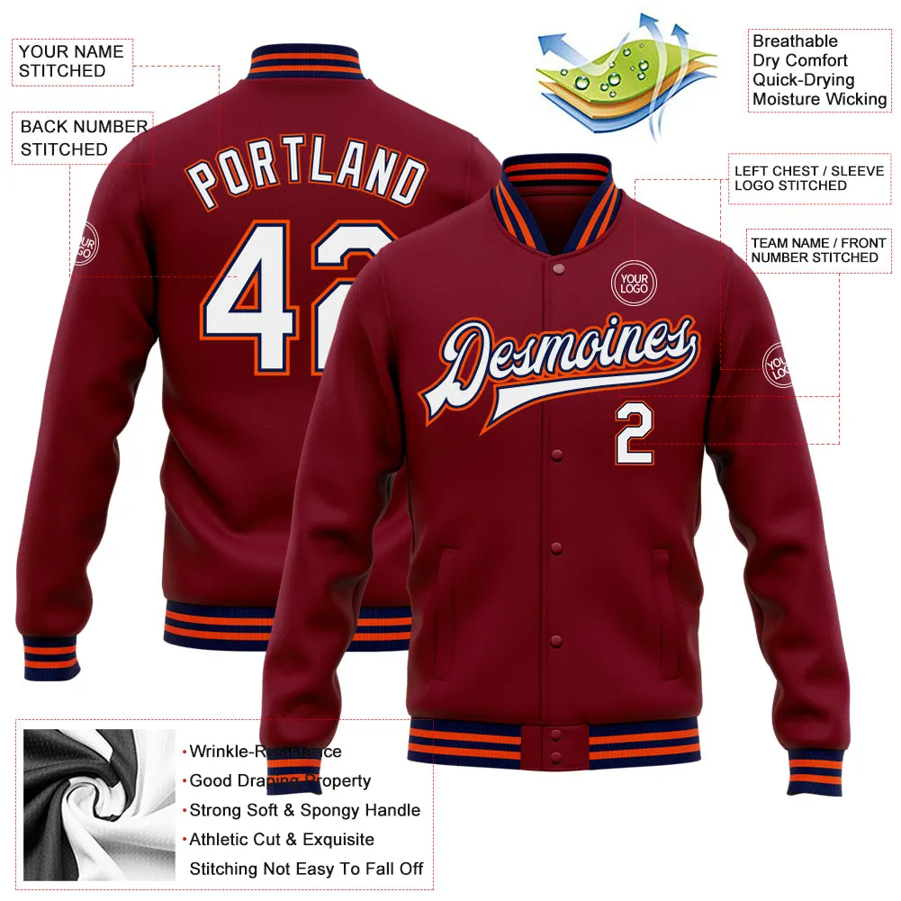 Custom Crimson White Navy-Orange Bomber Full-Snap Varsity Letterman Jacket